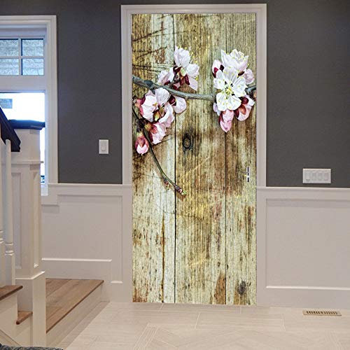 A.Monamour Türtapete Selbstklebend Türfolie Türposter 3D Zweig Mit Blumen Auf Rustikal Gebeizten Holz Boden Holzbrettern Vinyl Folie Türdeko Tapete Wandbild Türaufkleber Türtattoo 83 x 204 cm