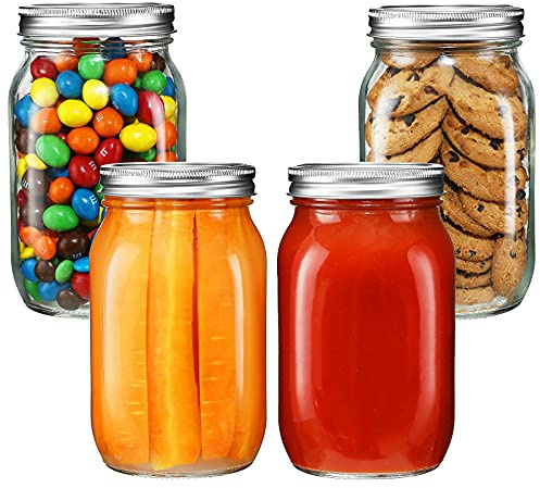 YEBODA 4 Pack Wide Mouth Mason Jars 32oz Glass Canning Jars with Airtight Lids and Bands for Preserving, Jam, Honey, Jelly, Wedding Favors, Sauces, Meal Prep, Overnight Oats, Salad, Yogurt