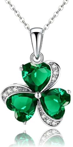 VONSSY Damenkette Edelstein Klee Anhänger Halskette | Smaragdgrüne irische Kleeblatt Geburtsstein Halskette | Weißgold Silber Schmuck Geschenk für Frau Tochter Mutter Freundin