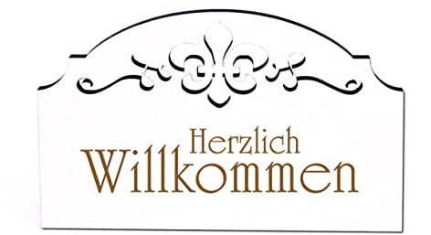 Herzlich Willkommen Schild Holz selbstklebend Ornamente Türschild weiß Vintage Eingangstür Deko 15,5 x 9,5 cm