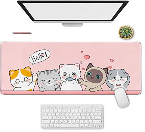 Kawaii Katze Gaming Mauspad für Schreibtisch - Erweitertes Großes Rosa XL Mousepad, Niedliches Anime Katzendekor Zubehör, 31.5x11.8 Zoll