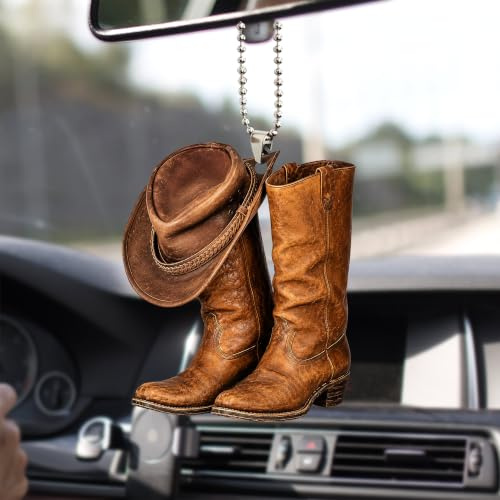 Talataca Cowboy Cowgirl Hut Stiefel Männer Frauen Western Pferd 2D Flach Auto Rückspiegel Zubehör Weihnachtsbaum Ornament Dekoration Hängende Charme Innen Rückansicht Anhänger Dekor Geschenk