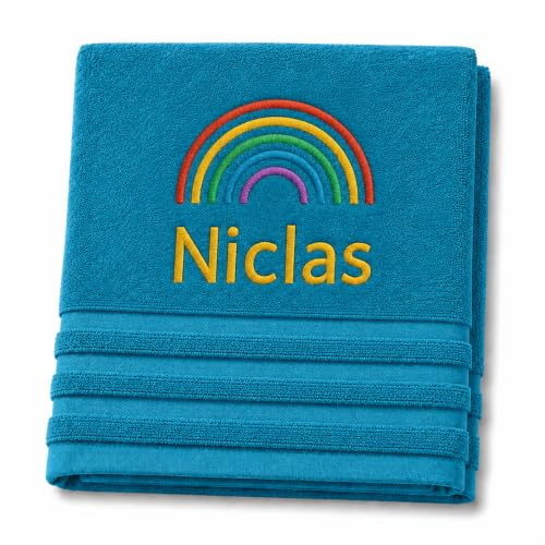 Pet-Jos Regenbogen Personalisiertes Handtuch mit Namen Schön gestickter Name Handbadetuch 100% Baumwollhandtuch Personalized Custom Towel with Name (140 x 70 cm, Regenbogen)
