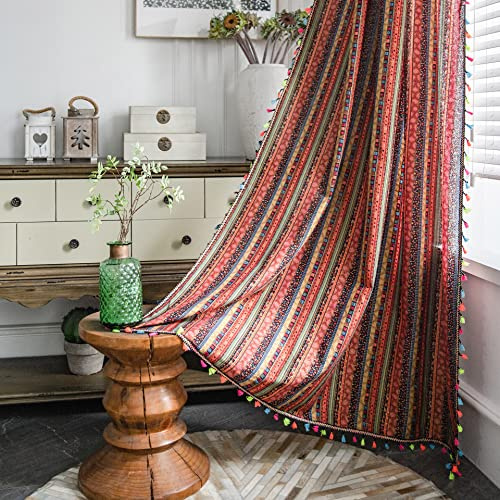 Freyamy Vorhang 220x150cm Böhmische Rot Bunt Baumwolle Leinen Landhausstil Vertikale Streifen Blickdicht Gardinen mit Beige Quasten 2er Set Makramee Verdunklungsvorhänge Gardinen für Wohnzimmer