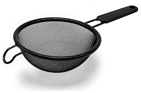 Tradineur - Colador de malla fina antiadherente, incluye mango recubierto de plástico, colar harina, pasta, té, apto para lavavajillas (Negro, Ø 16 cm)