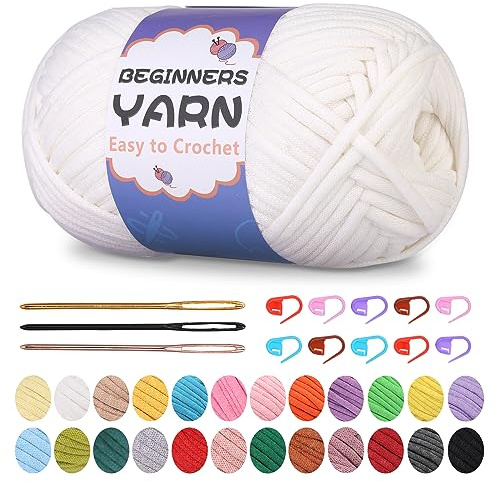 Zlulary 200 g Baumwollgarn zum Häkeln, einfaches Garn für Anfänger mit klaren Stichen, Maschenmarkierer, stumpfe Nadel, perfekt für allgemeine Strickprojekte (Weiß)