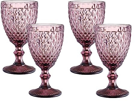 HIUHIU Verres À Vin Vintage Set of 4, 10oz Gobelets À Vin Colorés Verres À Eau Pied avec Motif Gaufré pour Mariage/Partie/Bar,Violet,Diamonds