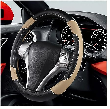 BELOMI Leather Car Steering Wheel Cover, Universal 15 Inch for Car Truck SUV, Non-Slip and Breathable, Sport Style Design Odorless Steering Wheel Protector, Automotive Interior Accessories (Beige)