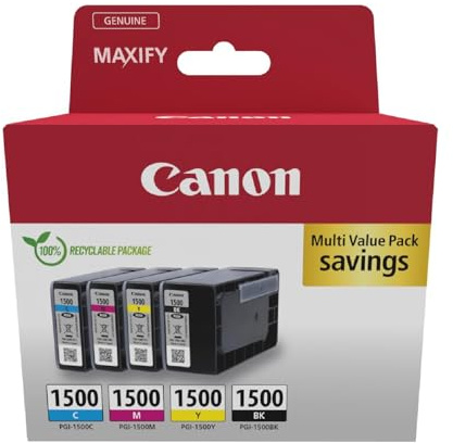 Canon Cartouche Encre - PGI-1500 C M Y BK Cartouches d'encre Couleur Authentiques pour imprimante - 4 Packs (1 x Noir, 1 x Cyan, 1 x Magenta & 1 x Jaune)