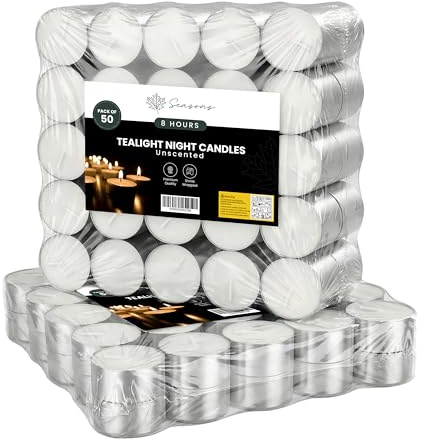 SEASONS 8 Hours Burn Time Tea Light Candles Pack of 100 White Wax Unscented Ideal for Garden, Hotel & Home Decoration | 8 Hour Tealights