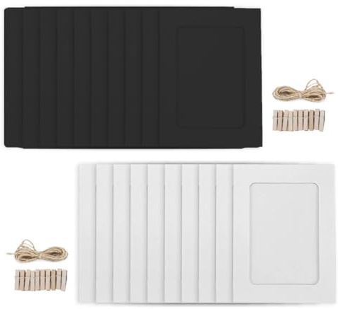 ieron Lot de 20 Cadres Photo Encadrement en Papier Kraft à Suspendre - 5 x 7,6 cm - Décoration de Fête d'Anniversaire avec Clips en Bois et Ficelle de Jute (Noir et Blanc)