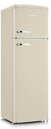 Severin Frigorífico y congelador retro con aplicaciones cromadas, congelador superior, iluminación LED, 1 – 7 °C, volumen neto de 246 L, solo 39 dB, color crema, RKG 8985