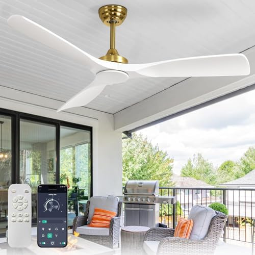 Depuley Ceiling Fan Without Light: 52 Inch Outdoor Fan with Remote App Control for Patio Porch - White Gold Ceiling Fan no Light for Indoor - 3 Blade Fan Reversible 6 Speed Quiet