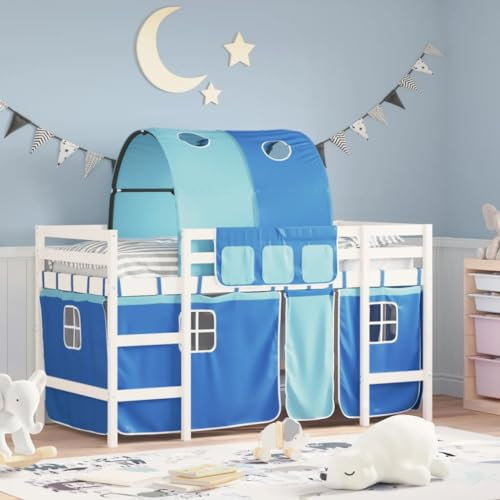 Festnight Hochbett Kinder mit Vorhang Spielbett Kinderbett 90x200 cm Kinderhochbett Etagenbett Hausbett Holzbett mit Leiter Tunnel Einzelbetten Jugendbett Bettgestell Halbhochbett