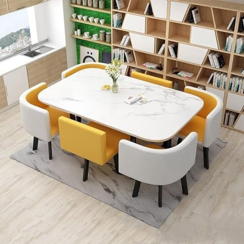 EpuzeR Esstisch und 6 Essstühlen, PU-Ledersitz, Konferenztisch mit Stühlen Set for Wohnzimmer Küche Büro, Verhandlungstisch Empfangtisch Metallbügel (Color : Geel)