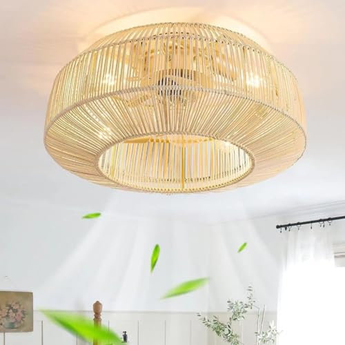 Leise Fan Deckenleuchte Bambus Lampenschirm Deckenventilator Mit Beleuchtung Und Fernbedienung 6-Gang Reversibler Deckenlampe Rattan Lightswing Hängelampe Rattan Schlafzimmer Lampe Wohnzimmer Küche (