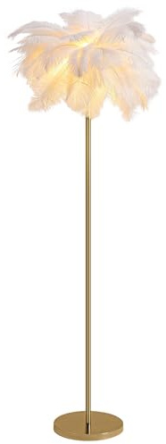 Sedtonmu Feder Stehlampe Wohnzimmer Moderne LED Federlampe Gold 3-Farbig Dimmbar, Kreative Schlafzimmer Feder Lampe mit Fußschalter, H160CM