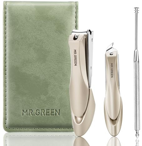 MR.GREEN Lot de 3 coupe-ongles professionnels anti-éclaboussures et cure-oreilles, coupe-ongles pro pour homme et femme, acier inoxydable étui cuir
