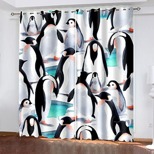 Vorhang Blickdicht Schlaufen 3D Süßer Pinguin Druck Muster Fensterdekoration, Verdunklungsvorhänge Schlafzimmer Wohnzimmer Kinderzimmer, Gardinen Ösenschal 2Er Set 150X164Cm (Bxh)