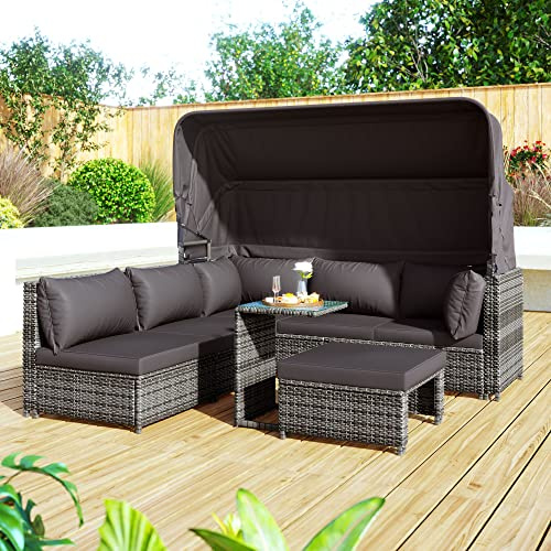 Huayz Gartenlounge-SetRattan Sonneninsel Sitzgruppe, Sofa mit Sonnendach, Hocker, Sesseln und Tisch, Outdoor Gartenmöbel, Loungemöbel Balkon und Garten, Terrassenmöbel, wetterfest - Dunkelgrau