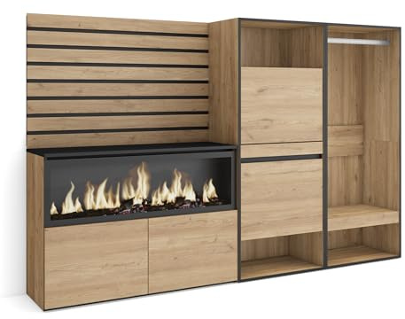 Skraut Home | Aparador | con Almacenamiento | 227x145x35 cm | Dormitorio, habitación | Chimenea eléctrica XXL | Zapatero | Vestidor Abierto | Estilo Moderno | Roble