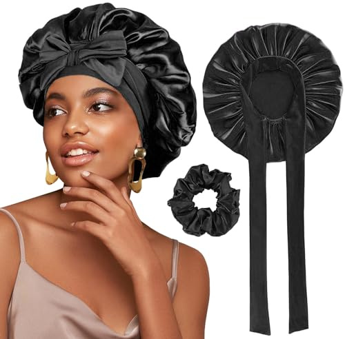 FOLAI 1 Stück Schlafmütze Satin Bonnet Nacht Schlaf Mütze Verstellbare Schlafkappe Kopfbedeckung Weiche Kopfhaube Schlafhaube Seide mit Gummizug für Damen und Mädchen（Schwarz）