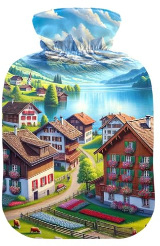 Village Switzerland Wärmflasche mit weichem Bezug, Bett, Hand- und Fußwärmer, Wintergeschenk, Wärmbeutel für Fußbett, Wärmer zur Schmerzlinderung, 2 Liter