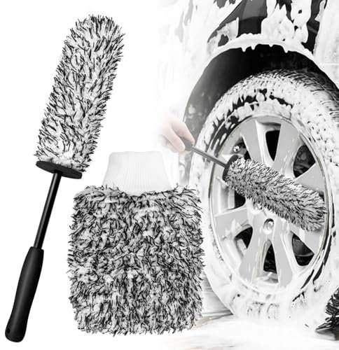 AdrreyuFny Spazzola Cerchi Auto e Guanto Lavaggio Auto, Microfibra Spazzola Ruote Kit per Pulizia Profonda per Tutti i Tipi di Cerchioni Senza Graffi e Non Danneggia Vernice - Nero
