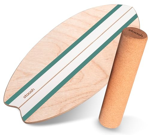 STAASH® Balance Board Holz – Pro Gleichgewichtstrainer inkl. Schutzmatte, Rolle, Halbkugel & Korkball + Videokurs – Indoor-Surfen & Stabilitätstraining