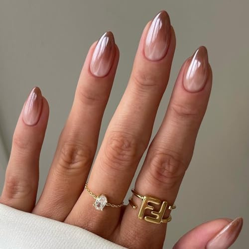 Ombre French False Nails Short Almond, SXVME French Press on Nails short, Gradient Brown Full Cover Fake Nails Almond, Elegant Ombre Brown Nails Press on for Women Daily Wear
