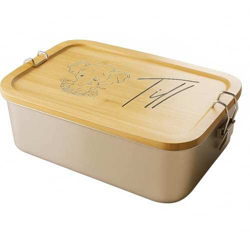 Generisch Personalisierte Lunchbox Edelstahl mit Bambusdeckel – Brotdose mit Gravur & Namen – 850 ml / 1400 ml – Bento-Box mit Trennwand, BPA-frei – Geschenk für Kinder & Schule (groß 1400 ml)
