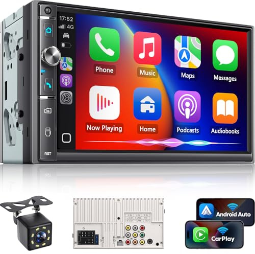 Kissound Double Din Car Stereo with 7 HD Touchscreen, Wireless Apple Carplay & Android Auto, Bluetooth, 240W, SWC, Subwoofer Output, Mirror Link, FM/AM Car Radio Receiver, Backup Camera