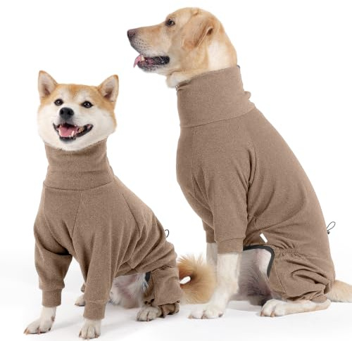 Hjyokuso Hundemantel Winter, Warmer Fleece Hundepullover mit Beinen, Weiche Vierbeinige Hundejacke für Kleine & Mittelgroße Hunde, Hundebademantel Fleece Hunde Pyjama Bekleidung Braun S
