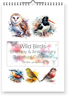 British Wild Birds Birthday & Anniversary Perpetual Calendar - Splash Effect Watercolour Prints