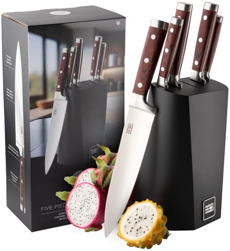 Hexham 5pcs Knife Block Set – Pakkawood, Double Bolstered Handled Kitchen Knives with Sharp Stainless Steel Blades. Carving, Bread, Chef, Utility, Paring Knife to Cut Meat, Fish, Vegetable & Fruit