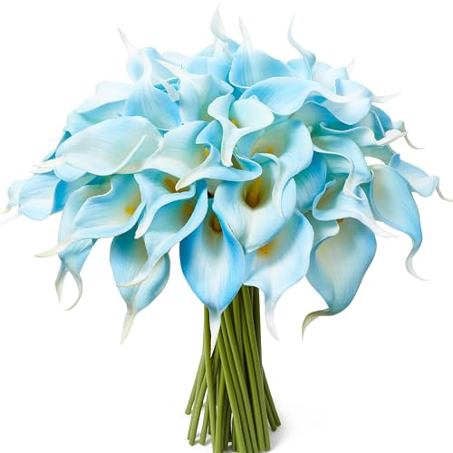 Sahoottie 24 Pcs Artificial Calla Lily Flowers Light Blue Fake Silk Flowers Real Touch for Wedding Bouquet Office Home Kitchen Decor (White Blue)