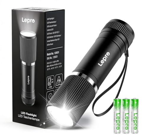 Lepro Lampe Torche, Lampe de Poche Étanche IPX4, 3 AAA Piles Compris, Corps en Aluminium, Design Compact pour Camping, Randonnée, Urgences, Promener un Chien