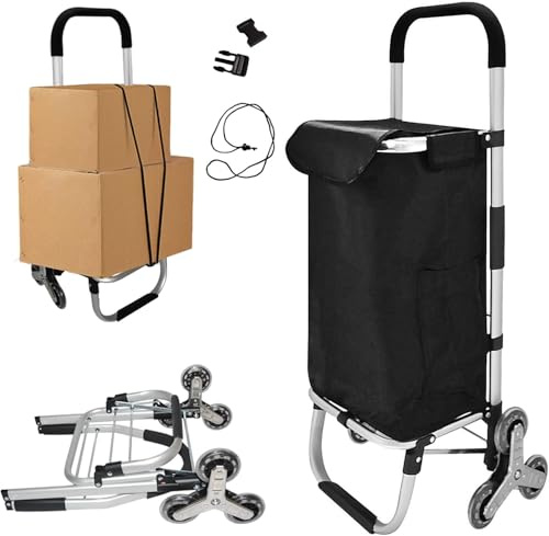 EULEUY Chariot de Courses 3 en 1, Chariot de Courses Pliable avec Monte-Escalier, Chariot Portable Multi-usages, Shopping Trolley avec Sac Amovible Charette Courses 6 Roues Noir