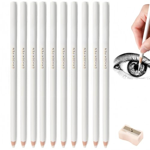 10PCS Wh/ite Charcoal Pencils,Professional Drawing Accessories Set,Soft & Medium-Hard Sketching Pencils for Artists,Wh/ite Pencil Charcoal for Shading Blending,Highlighting,Pencil Sharpener Included