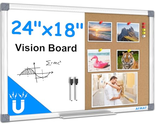 AFMAT Kork-Pinnwand Whiteboard Kombination 2 in 1, 45x60 cm Magnetische Korktafel mit Trocken Abwischbarer Magnettafel, Aluminiumrahmen für Wandmontage,Kombitafel für Büro,Homeoffice,Schule,Küche,WB03