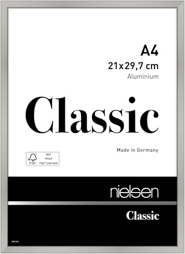 nielsen Aluminium Bilderrahmen Classic, 21 x 29,7 cm (A4), Silber | Aluminium Dokumentenrahmen im Hoch- & Querformat zum Aufhängen Silber matt Echtglas