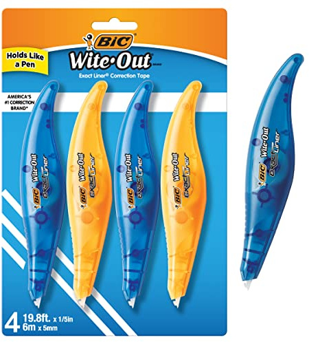 BIC Wite-Out Brand Exact Liner Correction Tape, 19.6 Feet, White, Fast, Clean and Easy to Use Tear-Resistant Tape, 4-Count