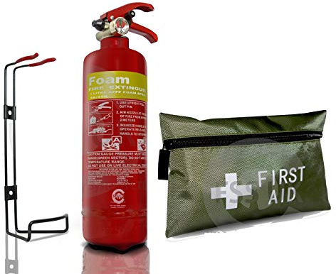 FSS UK PLUS CAR / VEHICLE FIRE SAFETY PACK. 1 LITRE AFF FOAM FIRE EXTINGUISHER CE MARKED WITH 5 YEAR WARRANTY & 1ST AID KIT IDEAL FOR CARS, MINI BUSES, TAXIS, CARAVANS, SMALL BOATS, SMALL KITCHEN AREAS, DOMESTIC PROPERTIES AND MUCH MORE