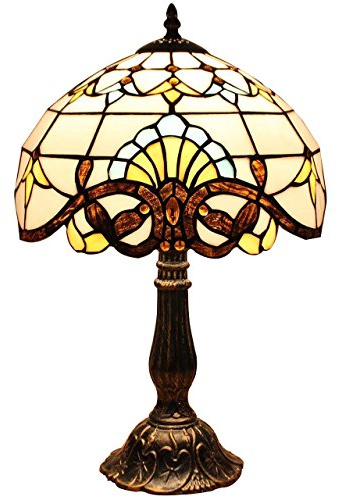 Bieye L10641 Baroque Tiffany Style Stained Glass Table Lamp Night Light with 12 inches Wide Lampshade Metal Base for Bedside Living Room Bedroom, Brown, 18-inch Tall