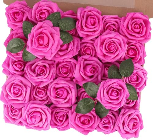 MACTING Artificial Flower Roses 30PCS Real Touch Fake Spring Flowers with Stem Foam Roses for Wedding DIY Bouquets Table Centerpieces Party Bridal Shower Home Valentines Day Decorations(Fuchsia)
