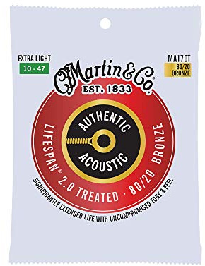 MARTIN Cuerdas para guitarra acústica, Lifespan 2.0 Extra Light 10/47, bronce 80/20 (MA170T)
