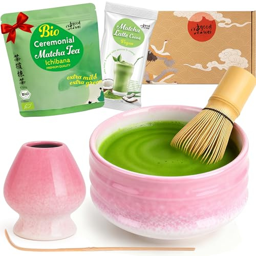 Goodwei Matcha Set mit Tee - Matchaschale Chawan aus Keramik, 80er Matchabesen, passendem Besenhalter und Bambuslöffel | Geschenkset für Teezeremonie mit BIO Matcha & Cocos Matcha Latte (Sakura)