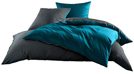 Bettwaesche-mit-Stil Mako Satin Baumwollsatin Wende Bettwäsche Garnitur - viele Farben und Größen (anthrazit - Petrolblau, 1x 135x200 + 1x 80x80 cm)