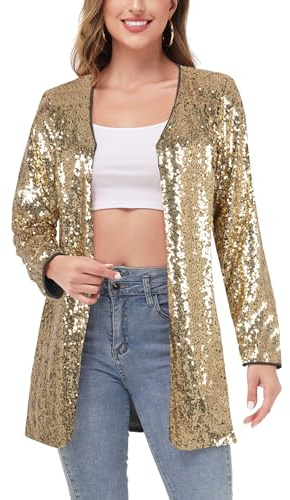 Anna-Kaci Women's Open Front Sequin Coat Las Vegas Blazer Party Club Cocktail Jacket Outerwear, Gold, Small