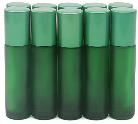 Pxyelec 10pcs Empty Roll on Glass Bottles, 10ml 1/3 Oz Essential Oil Roller Bottles with Stainless Steel Roller Balls - Green Color